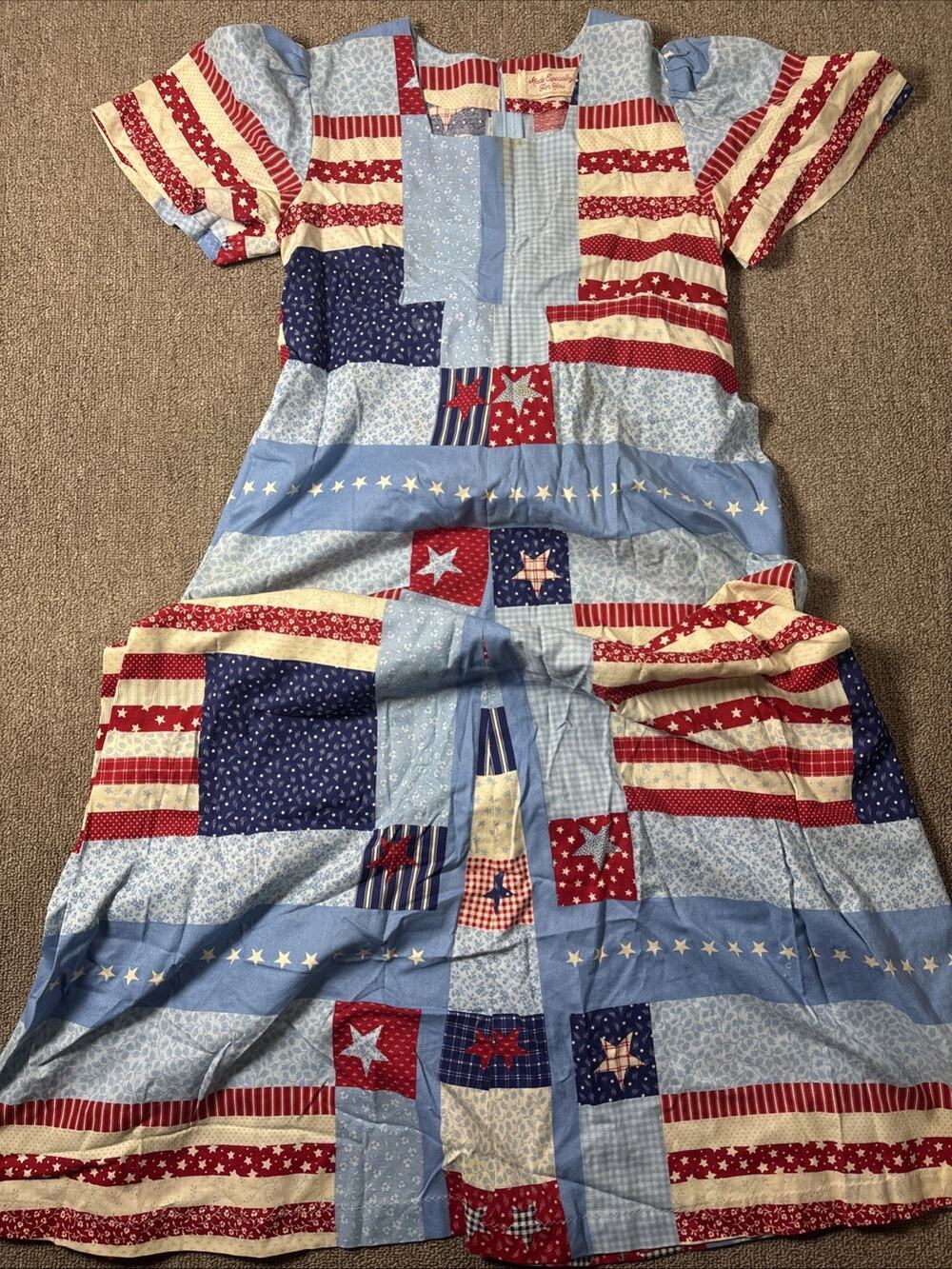 Vintage 70s Handmade Patriotic Patchwork Maxi Dress Youth 14x40 Talon Zip